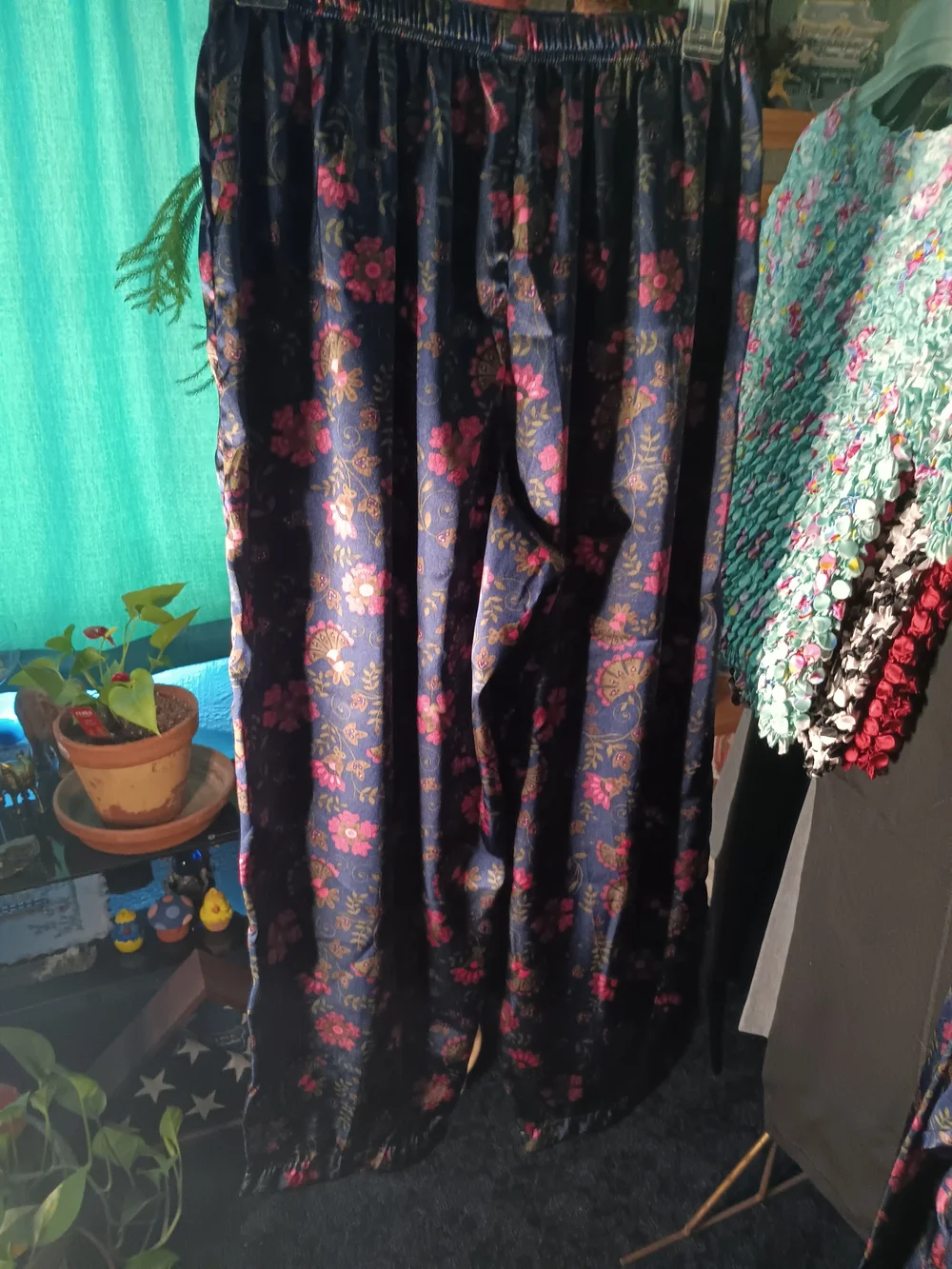 Floral Satin Pajama Set - Navy with Pink Accents 2 Piece Set
